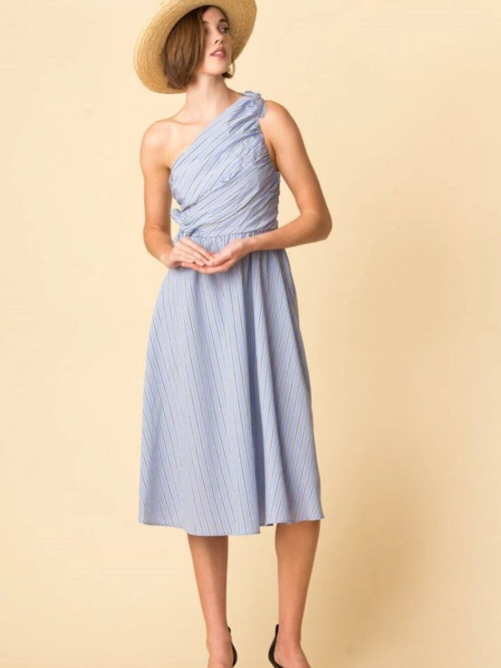 A.L.C Cabrera Stripe One Shoulder Gathered Waist Light Blue Dress Size 4